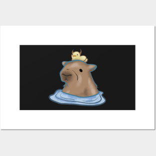 capybara taking a bath with duck Posters and Art